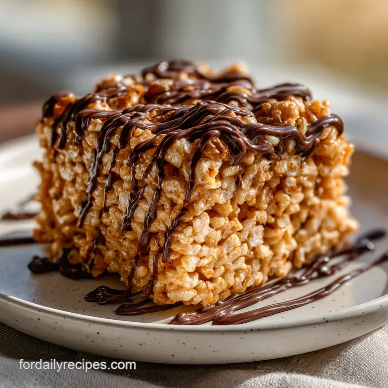 A pristine square of Rice Krispie treat, topped with a swirl of dark chocolate and scattered Butterfinger shards.