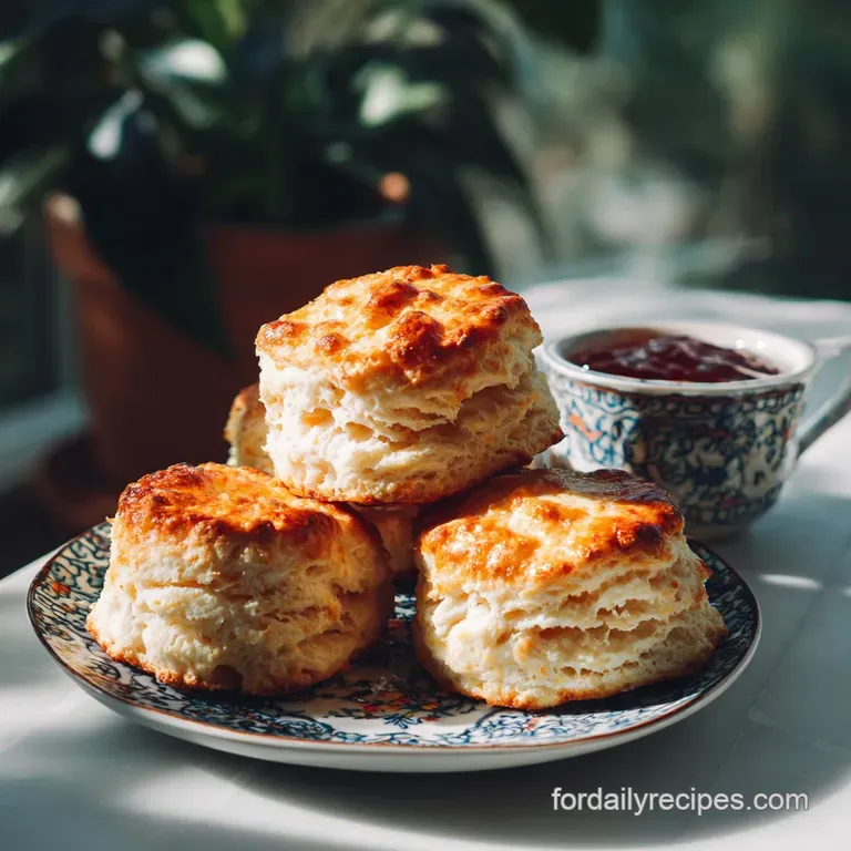 Elevated stack of warm buttermilk biscuits, drizzled with honey, with melting butter glistening on the topmost biscuit.
