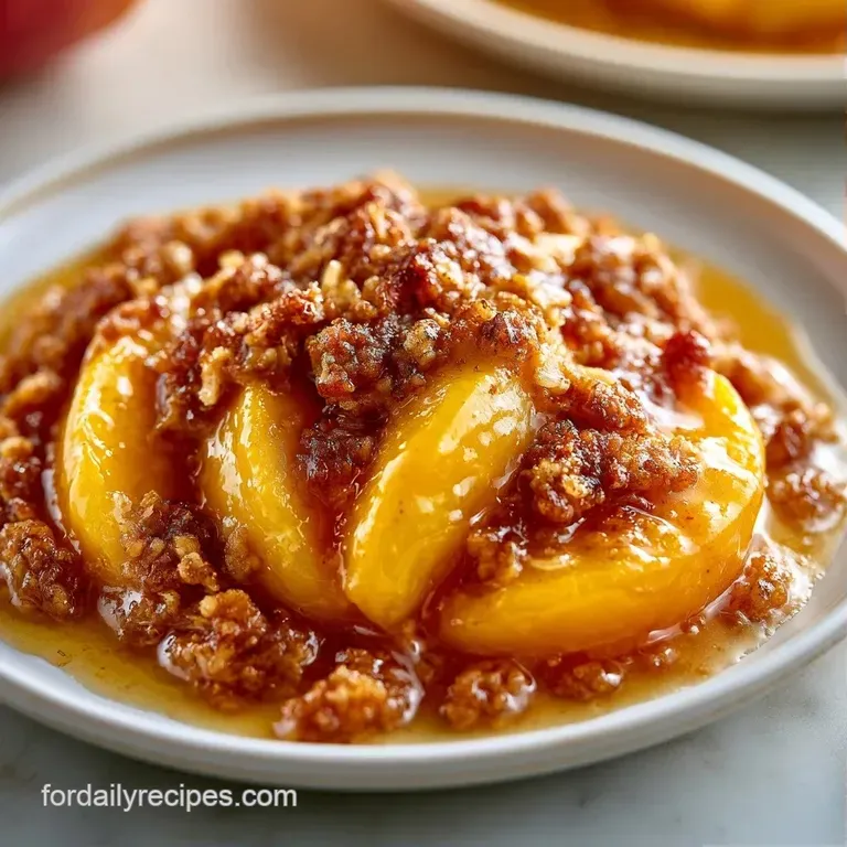 A scoop of warm, syrupy yellow peaches topped with a crunchy cinnamon crust and a dollop of melting vanilla ice cream.