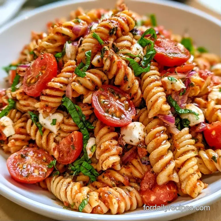 Elegant white bowl of twisted pasta with creamy mozzarella, red cherry tomatoes, and a swirl of dark balsamic glaze.