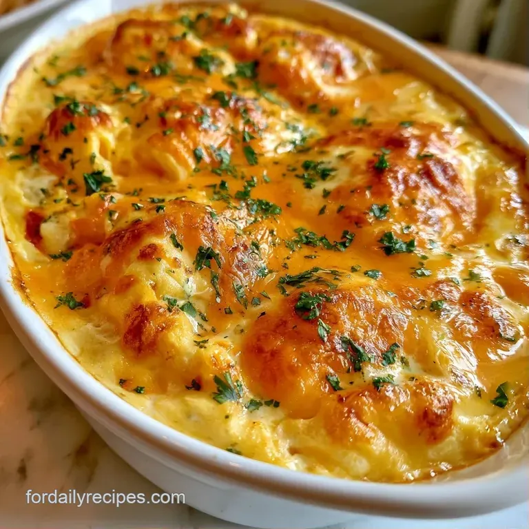 A white ceramic ramekin of bubbly baked eggs topped with melted gold cheese and a sprig of fresh green chives.