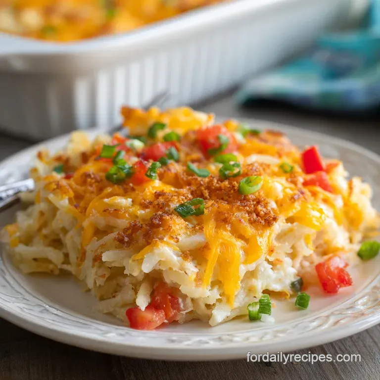 A portion of cheesy hash brown casserole, beautifully plated with a dollop of sour cream and chives.