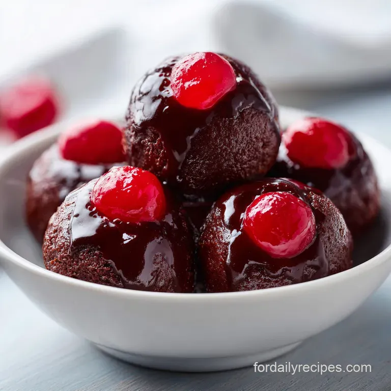 Dark chocolate spheres arranged on a white marble tray with fresh mint leaves and vibrant red cherry accents.