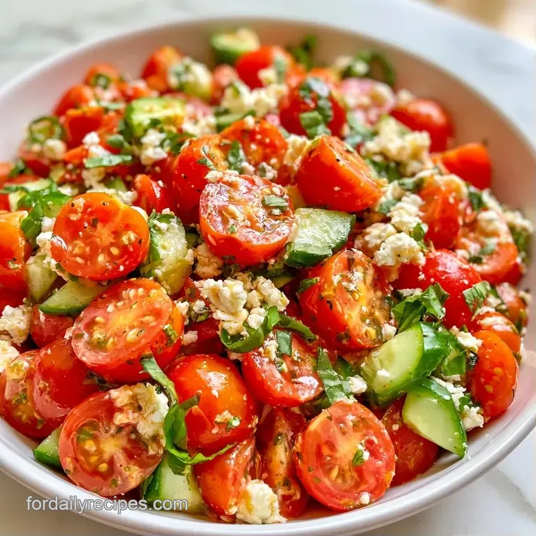 Vibrant red tomatoes and green basil arranged artfully on a white ceramic plate with a drizzle of gold olive oil.