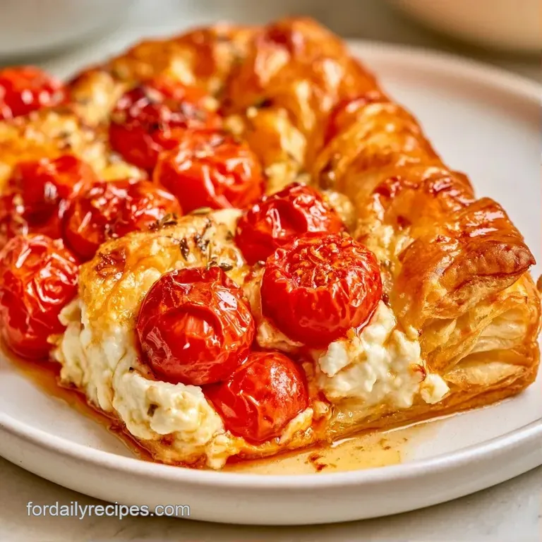 Sliced savory tart on a white marble platter, showcasing flaky layers and vibrant red tomatoes with a side of greens.