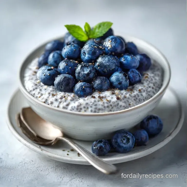 Elegant glass parfait displaying creamy white textured pudding topped with glossy red berries and a mint leaf sprig.