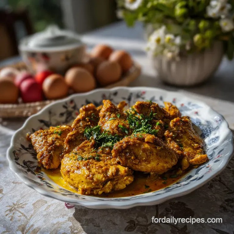 Close-up of golden-brown chicken and egg dish, beautifully plated with a sprinkle of fresh herbs and a side of fluffy rice.