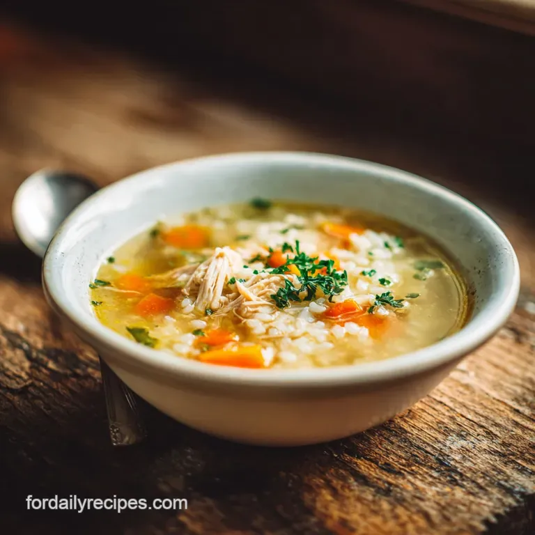 A comforting bowl of chicken soup with glistening broth, fluffy rice, tender chicken, and a fragrant lemon twist on top, r...