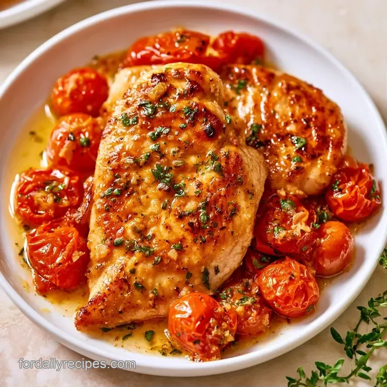 Elegant plating of golden chicken breasts and burst red tomatoes, garnished with microgreens on a minimalist white dish.
