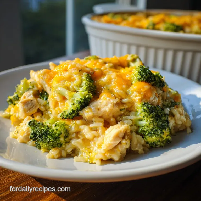 A single serving of creamy chicken and broccoli casserole, steaming slightly, showing the tender chicken and cheesy sauce.