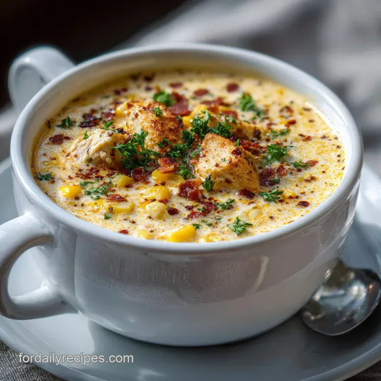 Elegant bowl of pale yellow chowder, garnished with fresh parsley and cracked pepper, inviting warmth and savory delight.