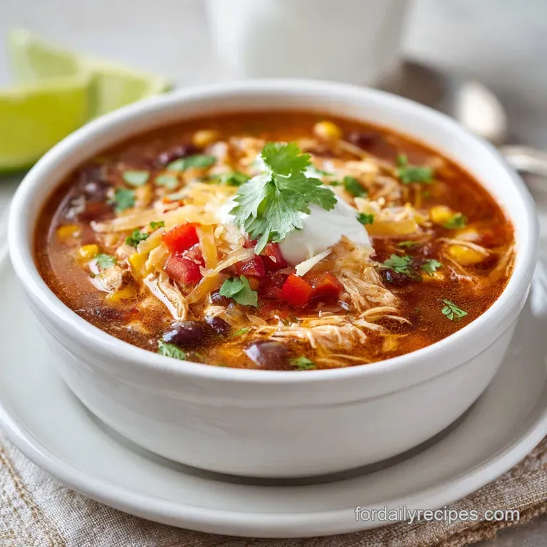 Elegant bowl of rich enchilada soup, garnished with sour cream dollops, avocado, and a sprinkle of red pepper flakes.