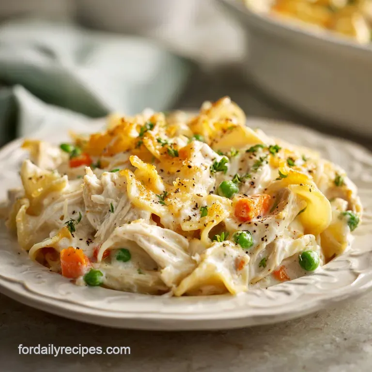 Creamy chicken noodle casserole, parsley garnish, steaming, served in a white bowl, spoon poised, enticing comfort food.