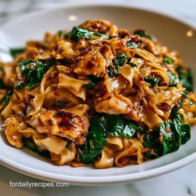 Glossy brown noodles and vibrant green greens piled high in a white ceramic bowl with steam rising softly.