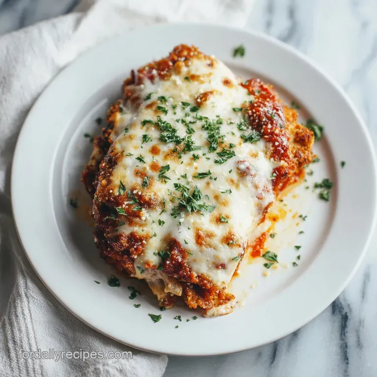 Chicken parmesan casserole elegantly plated, topped with fresh basil. See the melted mozzarella and rich tomato sauce glis...
