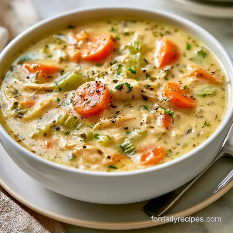 A white bowl of velvety cream soup with bright orange carrots and green peas, topped with a toasted golden crust.