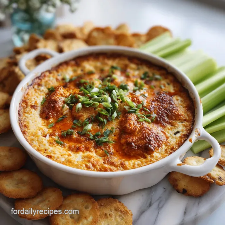 Individual ramekin of hot chicken wing dip; golden brown crust, creamy inside, served with crisp celery sticks.