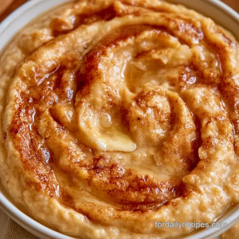 Smooth, creamy tan porridge in a white bowl, garnished with a cinnamon stick and sliced apples on a rustic table.