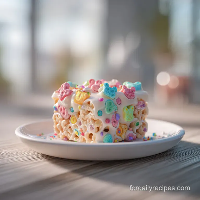 A neat stack of swirled cereal treats dusted with vibrant sprinkles on a white plate.