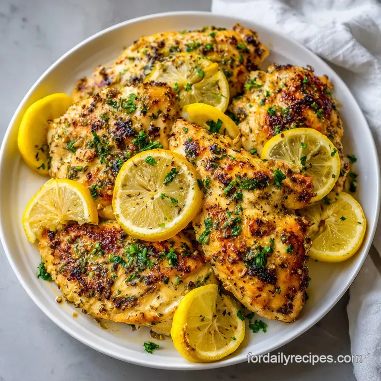 Perfectly arranged chicken dish with vibrant green herbs, served on a crisp white plate, showcasing a delightful and appea...