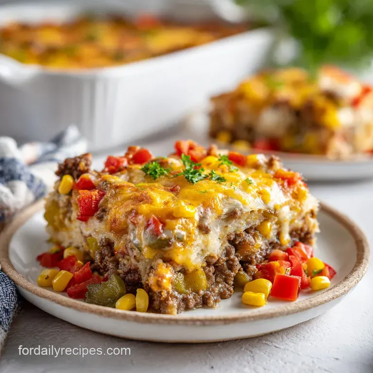 A scoop of the savory casserole, topped with fresh parsley, on a rustic plate.