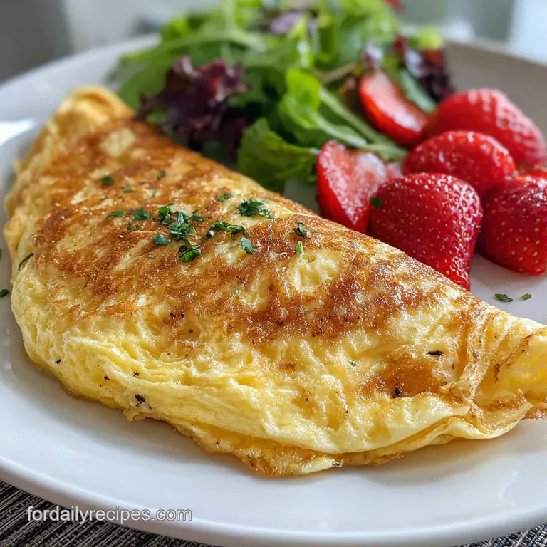 Fluffy omelette quarter, showcasing a creamy interior and colorful vegetable filling; plated with fresh greens and ripe to...