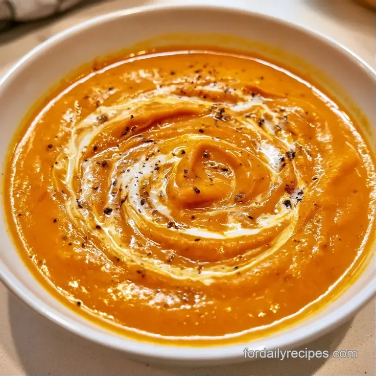 Rich orange soup served in a white ceramic bowl, garnished with fresh cilantro and a slice of toasted sourdough.