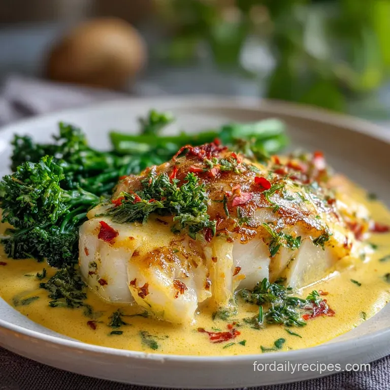 Perfectly portioned cod fillet, bathed in light coconut sauce, alongside vibrant green asparagus spears, ready to be served.