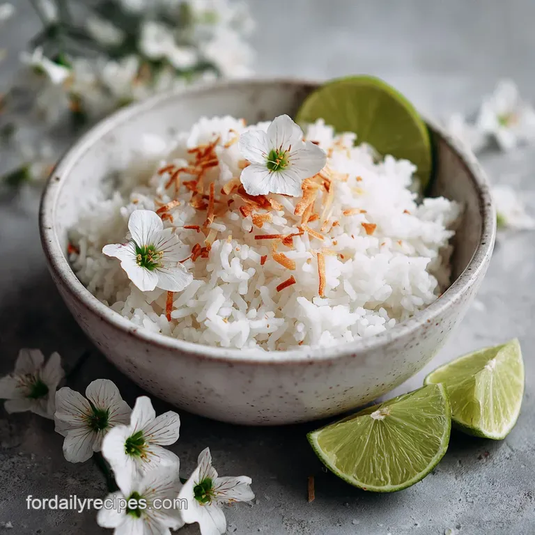 Elegant mound of pearly coconut rice garnished with cilantro and a lime wedge, inviting and subtly aromatic.