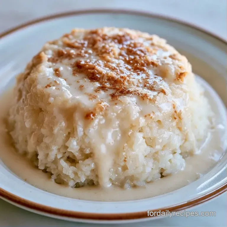 A neat dome of pearly white rice on a dark ceramic plate, drizzled with thick coconut cream and fresh mint leaves.