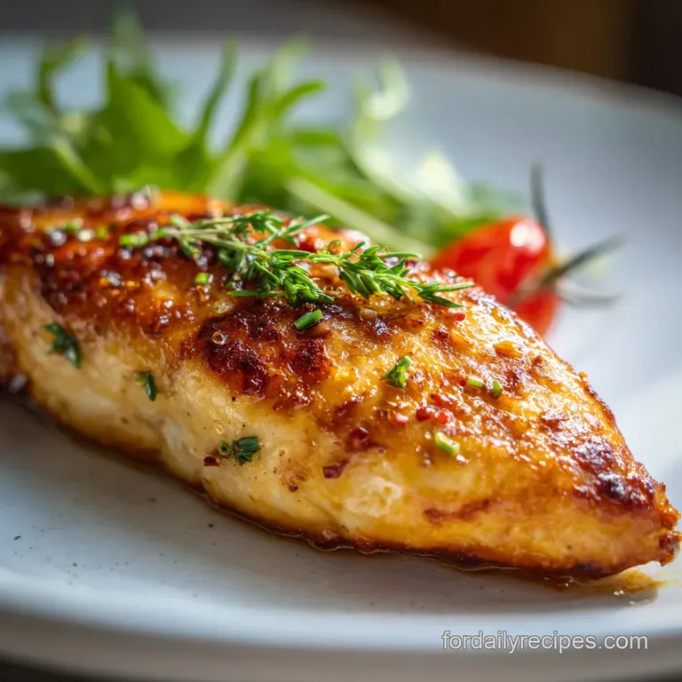 Juicy chicken breast served elegantly with vibrant green asparagus spears and sun-dried tomatoes, plated with a drizzle of...