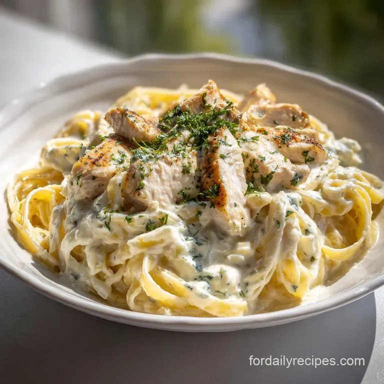 A swirl of fettuccine alfredo with grilled chicken, garnished with parsley. The creamy sauce glistens invitingly on a whit...
