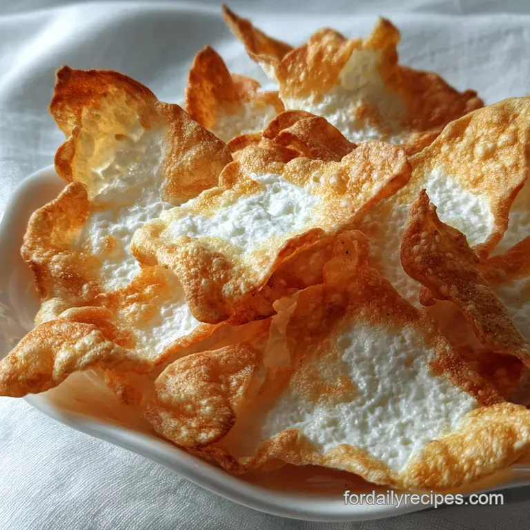 Crisp cottage cheese chips artfully arranged on a white plate. Delicate golden edges, subtly browned, showcasing a satisfy...