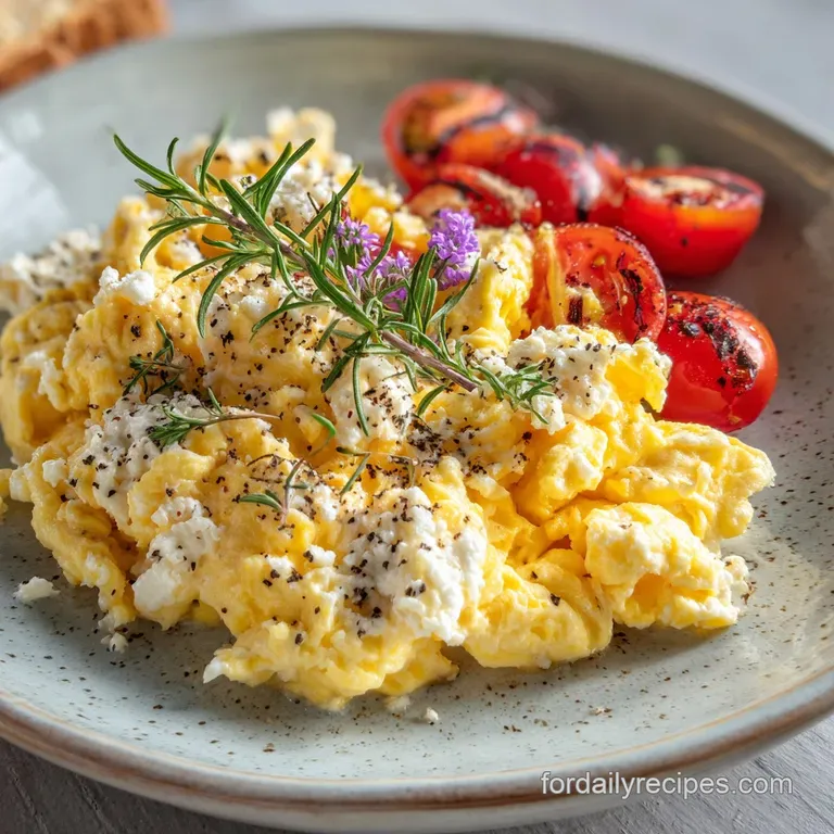 Mounded creamy scrambled eggs with cottage cheese, chives, and cracked black pepper, plated on a white dish for a simple, ...