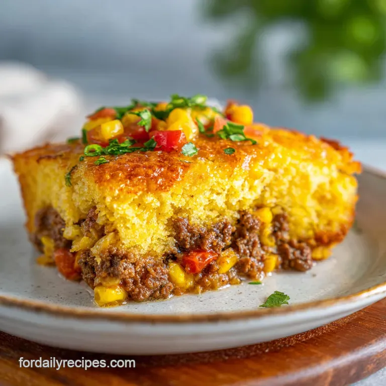 A generous scoop of cheesy beef cornbread casserole on a rustic plate, garnished with fresh green chives.
