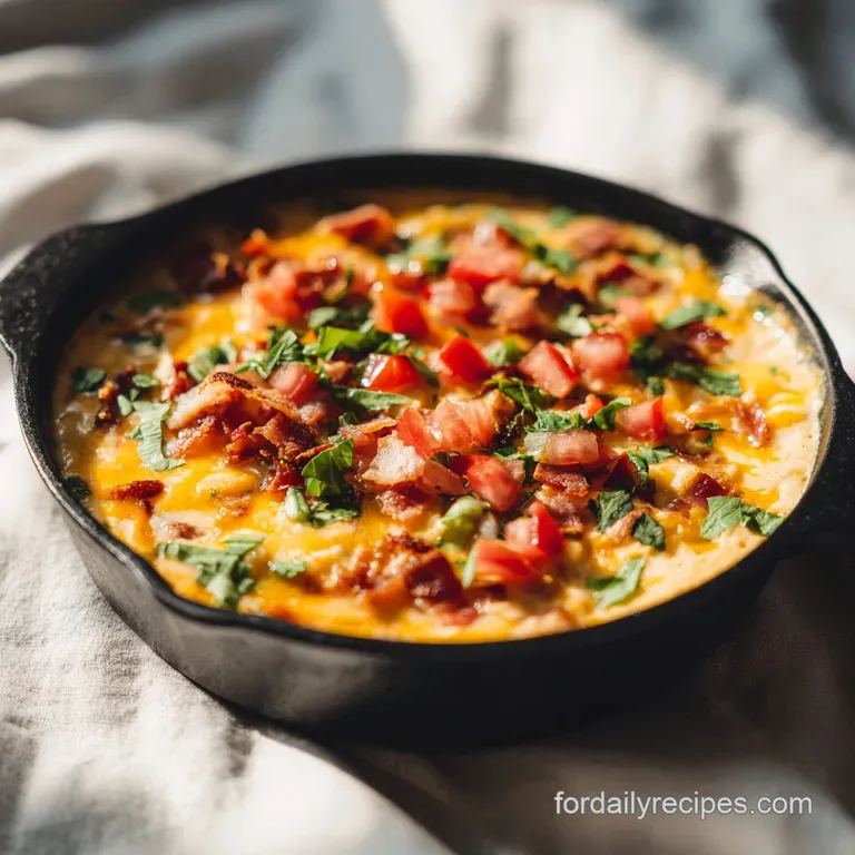 Creamy queso dip served in a cast iron skillet, garnished with fresh cilantro, sliced jalape&ntilde;os, and crispy tortilla chips.