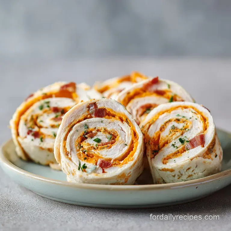 Neatly stacked spirals of toasted tortilla and creamy chicken filling garnished with fresh chopped green onions.