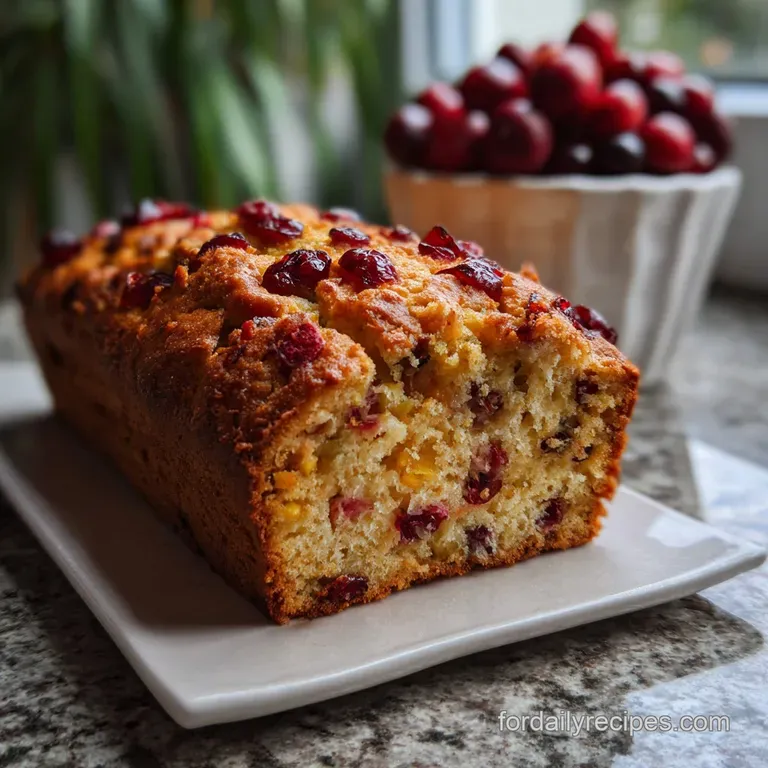 Slice of bright cranberry orange bread on a plate, dusted with powdered sugar, next to orange slices, hinting at its citru...