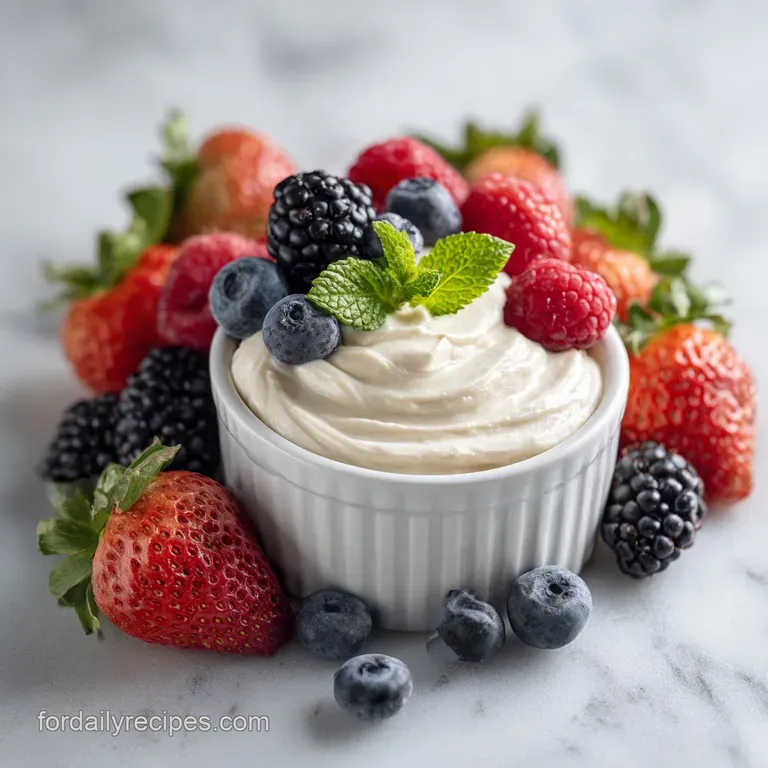 Elegant white bowl filled with tangy cream cheese fruit dip. Strawberries artfully arranged on top with mint sprigs.