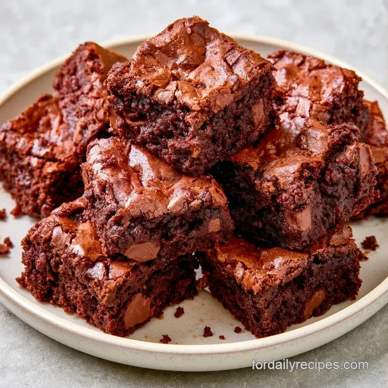 A single square of dense chocolate cake dusted with powdered sugar on a white plate beside fresh red raspberries.