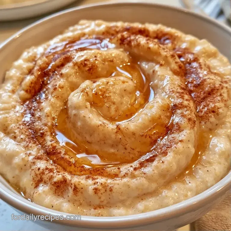 A minimalist white ceramic bowl filled with velvety porridge and a glistening, amber swirl of honey on top.