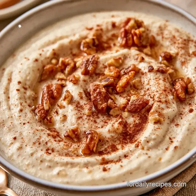 A minimalist white ceramic bowl holding a smooth porridge topped with a precise swirl of honey and toasted walnuts.