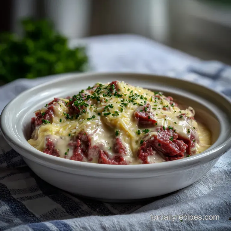 Creamed chipped beef ladled over golden-brown toast points; steam rises, hinting at a comforting, savory, and satisfying m...