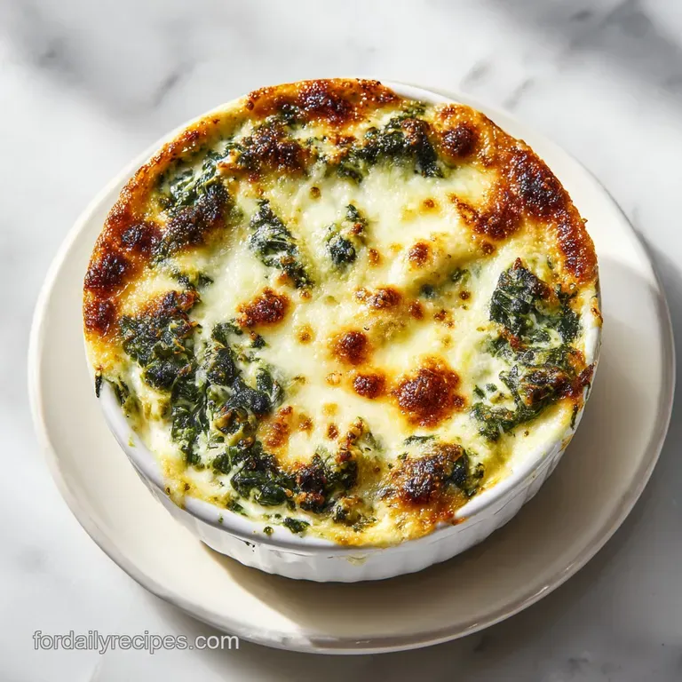 A scoop of creamy spinach artichoke dip nestled in a ramekin, topped with toasted bread and fresh herbs.