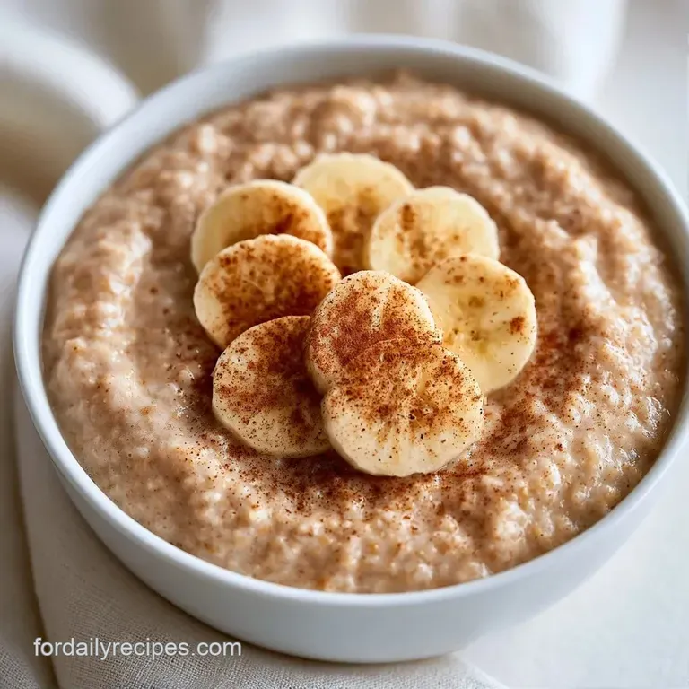 A white ceramic bowl of smooth porridge topped with neatly fanned banana slices and a glistening honey drizzle.