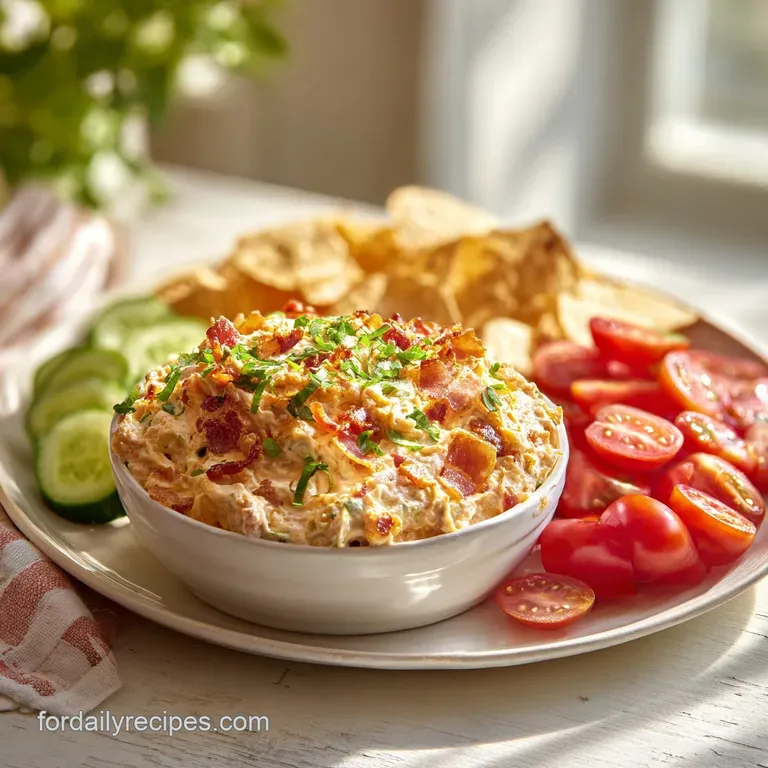 BLT dip served on a wooden board with toasted baguette slices. Creamy layers peek through fresh, colorful toppings.