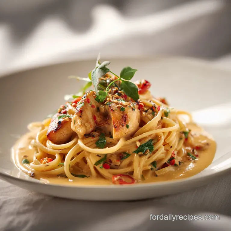 Elegant plate of creamy chicken pasta, garnished with fresh parsley and a lemon wedge, glistening under warm light. Rich, ...
