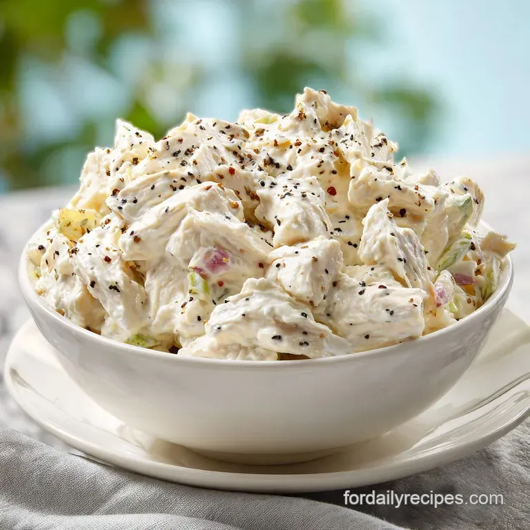 A neat scoop of creamy chicken salad resting on a crisp lettuce leaf, garnished with a sprinkle of fresh parsley.