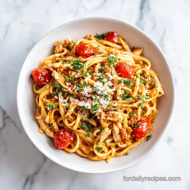 Elegant plate of chicken spaghetti; sauce glistens, parsley garnish adds freshness. Fork pierces the creamy, comforting st...