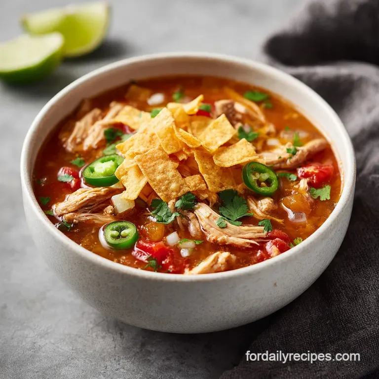 Elegant bowl of creamy chicken tortilla soup with a swirl of cream, cilantro sprig, and vibrant bits of red pepper.